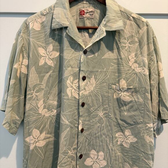 Vintage Hilo Hattie Hawaiian Shirt Men L Green Floral Rayon Made Hawaii USA - Picture 1 of 10